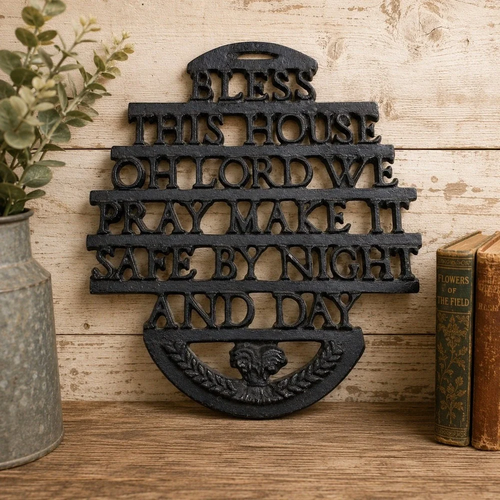 Vintage Black Cast Iron Bless This House Wall Plaque Religious Home Decor 7.5in
